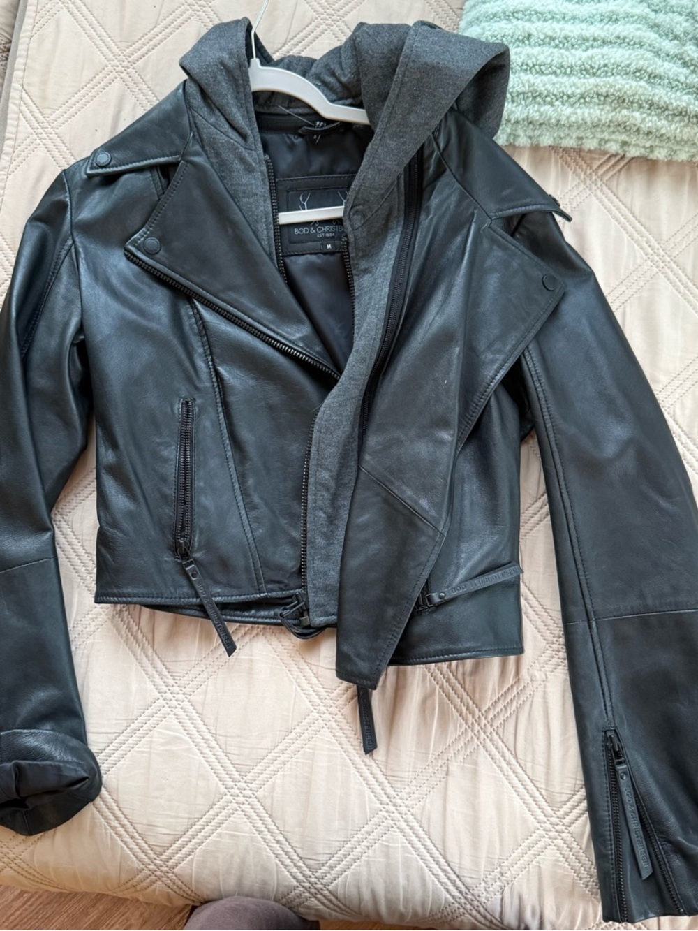 Women's Black Leather Hooded Asymmetrical Zip Jacket - Picture 3 of 6